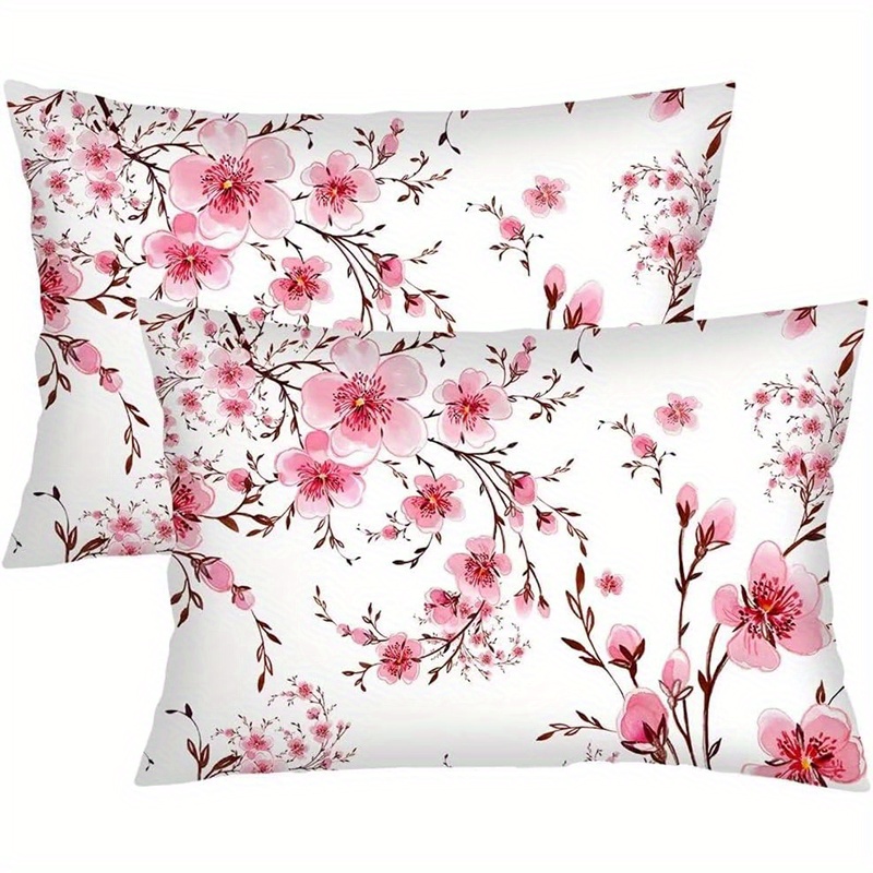 TEMU 2pcs Set Of White Pillowcases With Pink Cherry Pattern, Single-sided Print, Home Decor Sofa Pillow Covers, Rectangular Polyester Pillowcases,