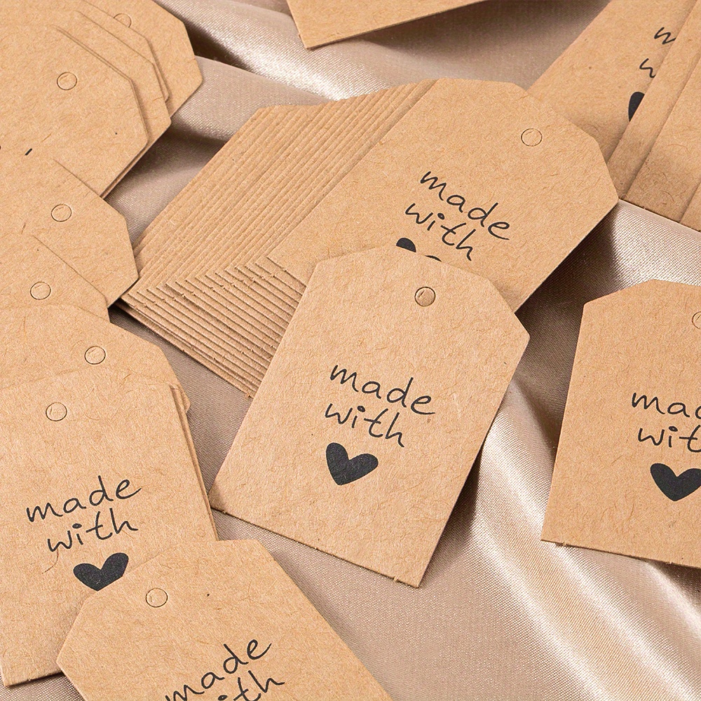Image of 50/100/200pcs Handmade Labels - Paper Tags With Black Calligraphy And Heart Decor, Suitable For Making, Gift Wrapping, Craft Decoration, No Power Needed
