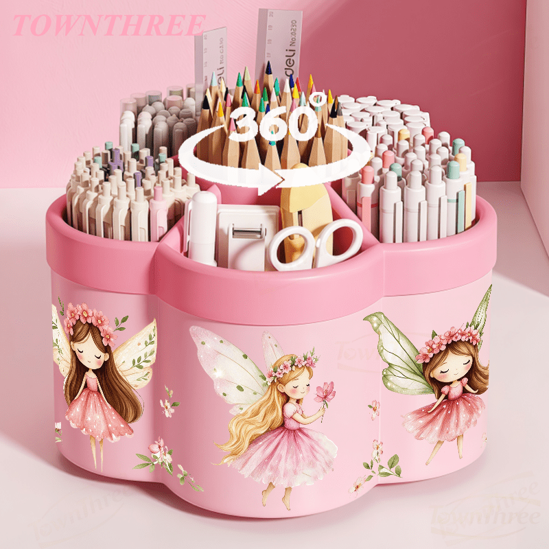 TEMU Rotatable Pen Holder And Cosmetic Organizer | Fairy In A Pink Dress - 360° Rotating Convenient Desktop Storage Box | Large Capacity Portable