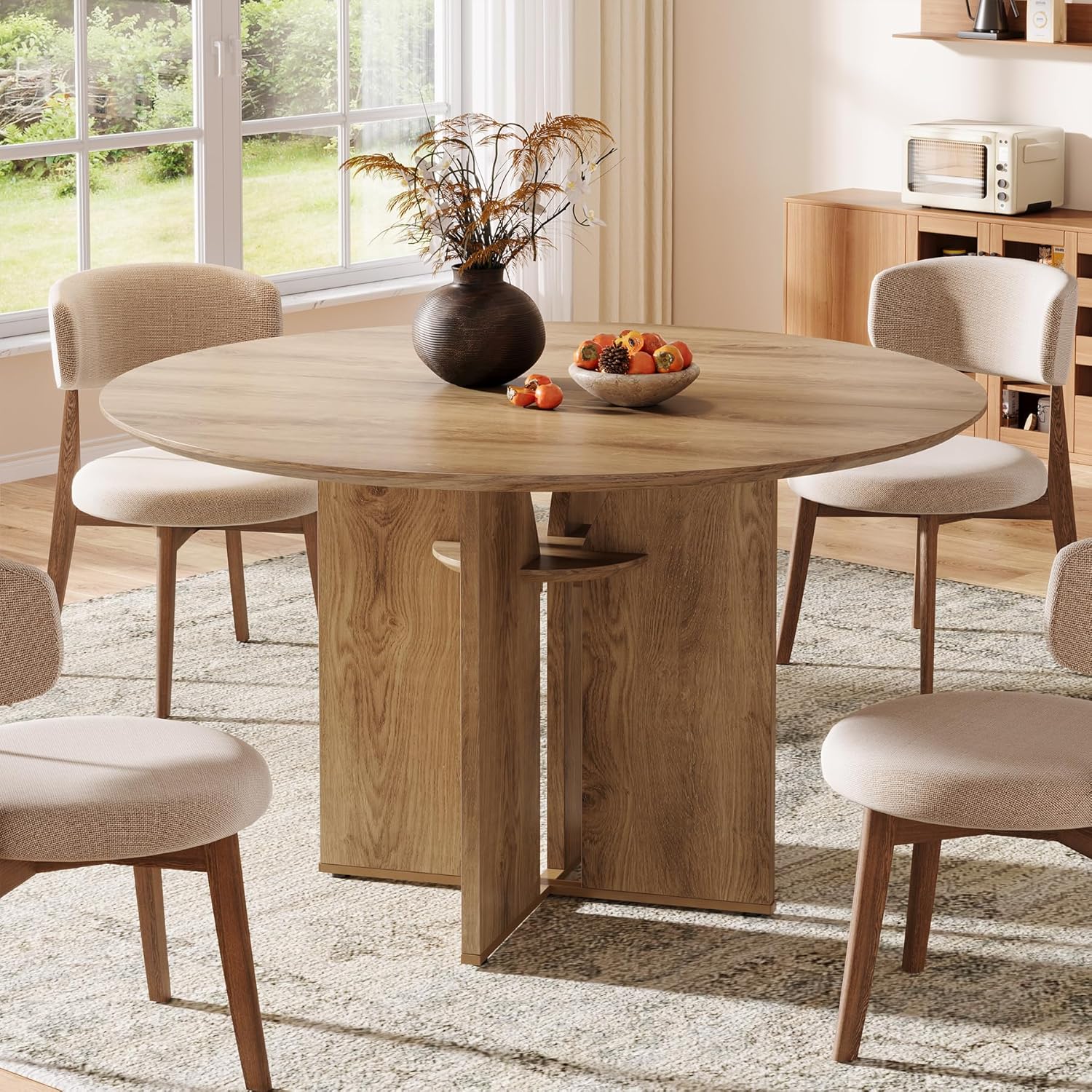 Image of Round Dining Table Suitable For 4 With Lower Storage Shelf & X-shaped Pedestal Base - Farmhouse Kitchen Table With Wood Top & Base, Assembly, Brown For Dining Room, Living Room, Kitchen