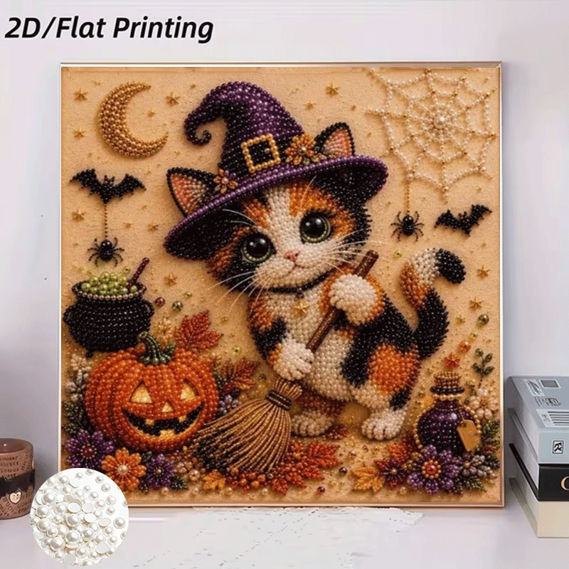 TEMU 2d Flat Painting Kit, Broom Cat, Frameless Handmade Glue Diamond Painting, Suitable For Bedroom Decoration, Living Room Wall Art, Room