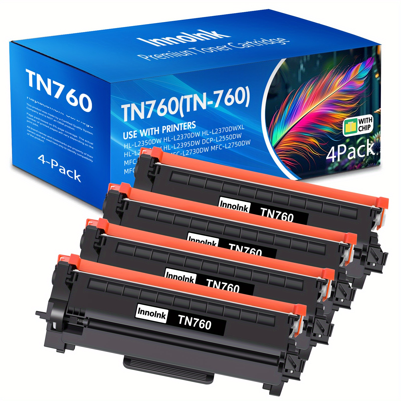 TEMU Tn760 4-packs Black Compatible For Brother Tn760/tn730 Tn-760 Tn 730 For Mfc-l2750dw Dcp-l2550dw Mfc-l2710dw Hl-l2370dw Hl-l2390dw Hl-l2395dw