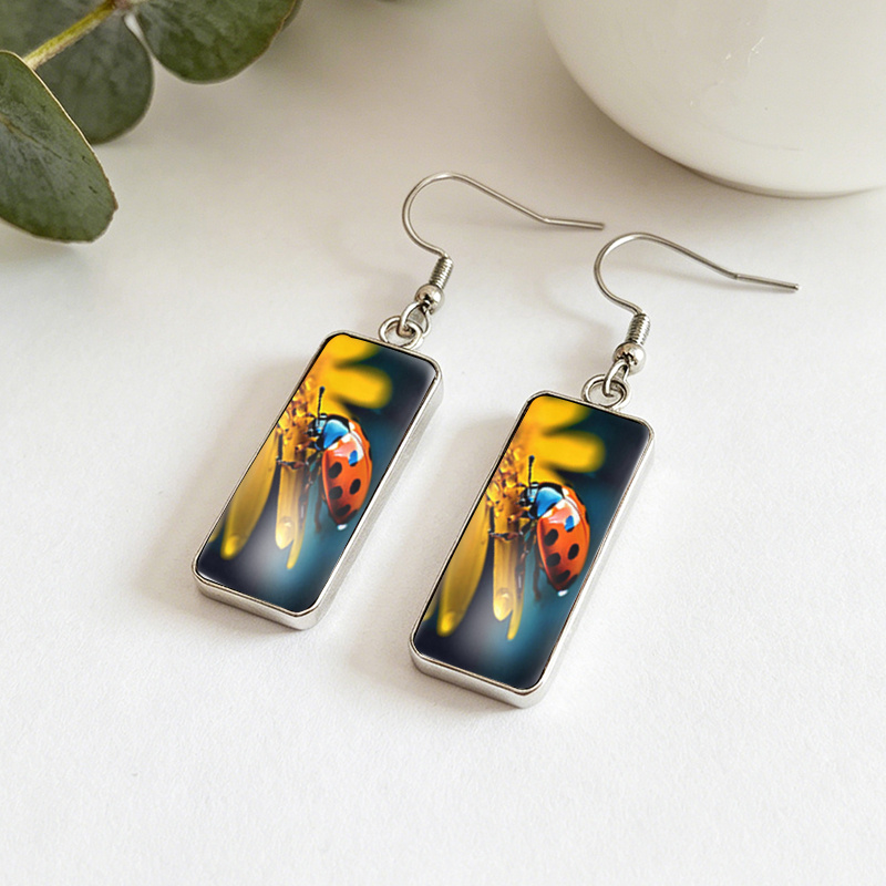 Sunflower Ladybug Dew Rectangular Glass Cabochon Earrings