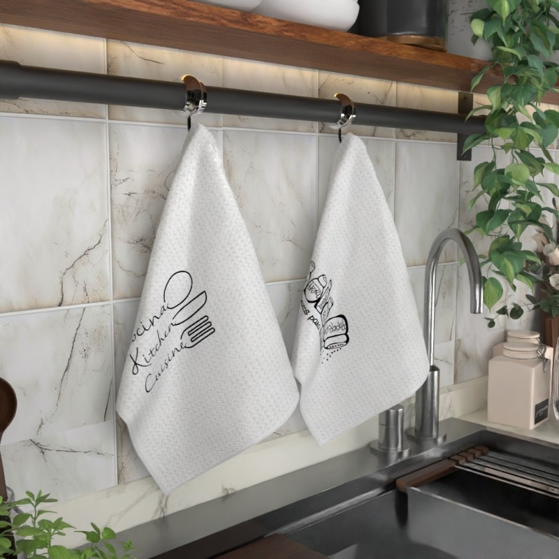 set of 2 dish towels measuring 18 by 66.04 cm featuring humorous kitchen quotes and illustrations,   cleaning, gym use, or as decorative kitchen accessories.   absorbent hand towels are reusable. details 2