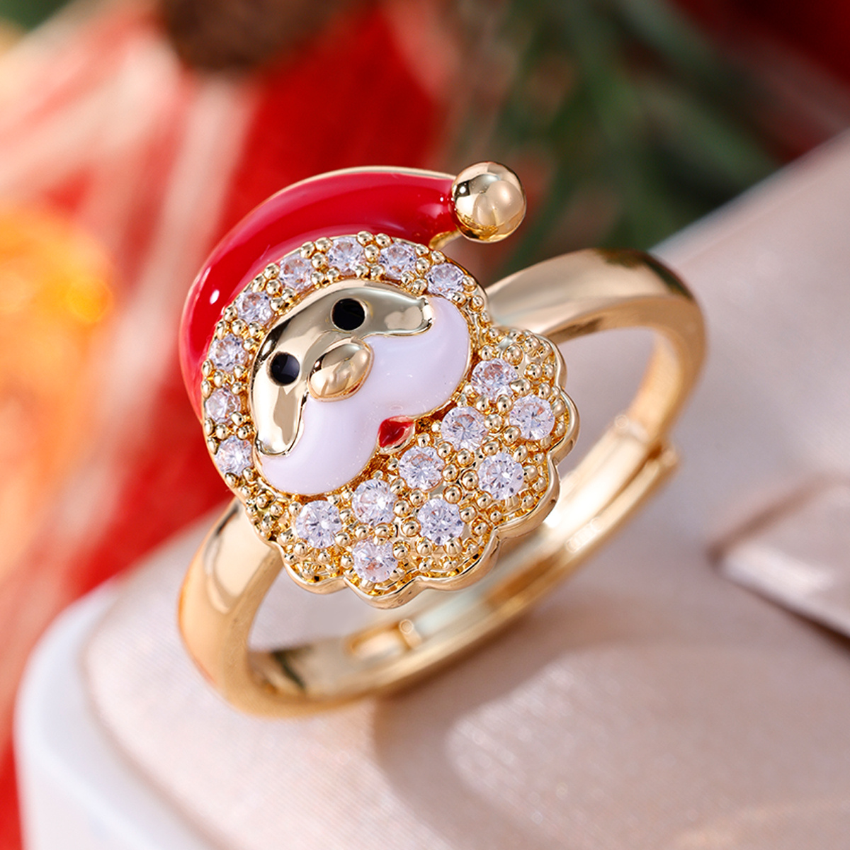 Copper Santa Claus Design Open Ring with Zirconia, Festive Jewelry