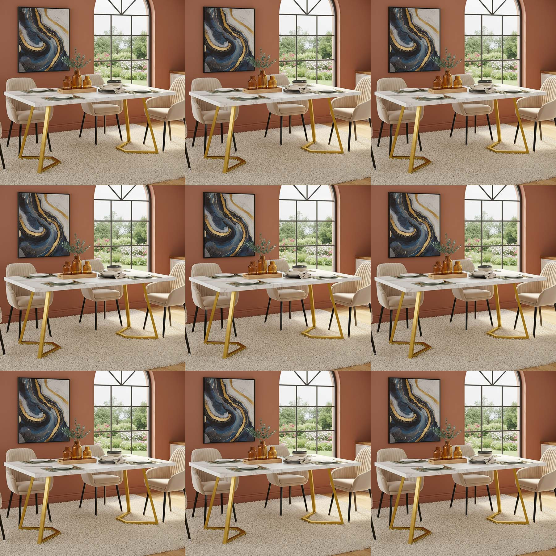 Image of Modern Golden Dining Table: 55 Inches Table For 6 With Golden Metal Legs, Marble For Christmas Family Gatherings, Rectangular (table ) (1pc)