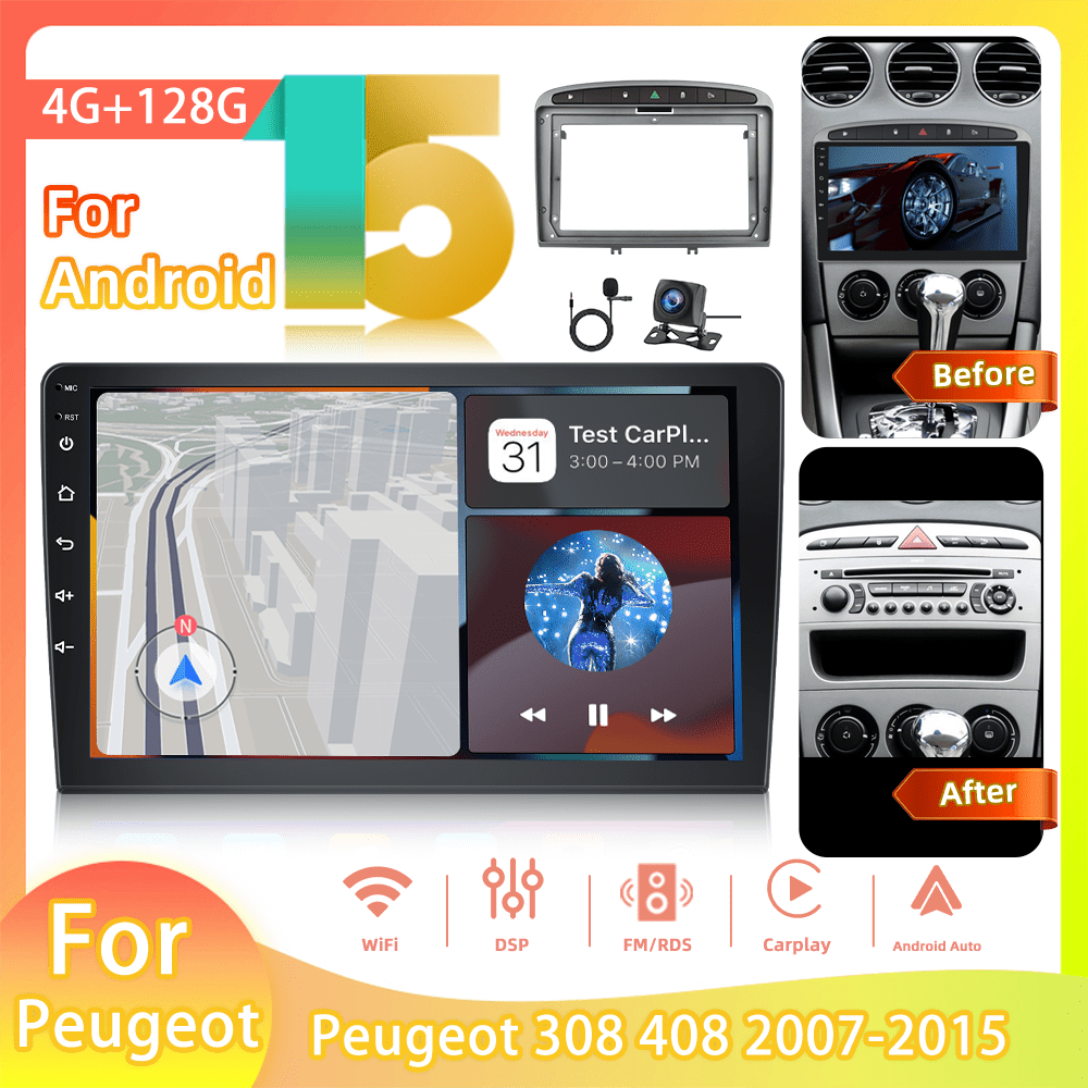 Image of For 408 2007-2015 4g+128g 15 Double Din Car Stereo Auto, Car Radio 9 Inch Touch Link Gps Wifi Swc Eq Fm/ Rds + Ahd Backup Camera + Microphone Halloween & Christmas, Driving Assistance