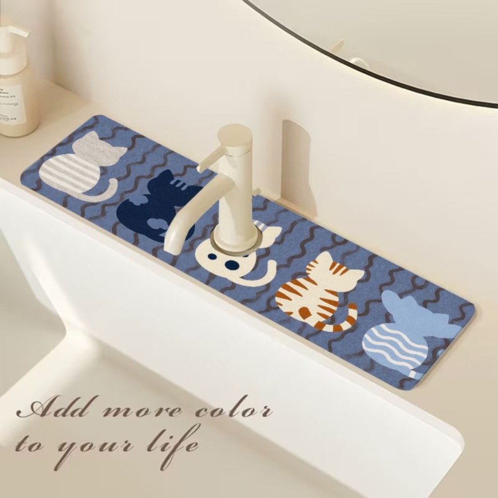 TEMU 2d Cute Cat-themed Kitchen Sink Absorbent Mat, Featuring A Non-slip Design And Stylish Blue Color, Is Perfect For Home Decoration.