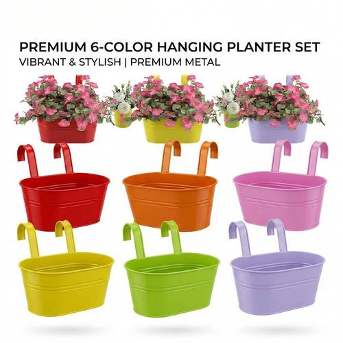 6-Color Metal Hanging Planter Set, Outdoor Hanging Flower Pots for Patio, Balcony, Garden, Fence and Lawn Decor