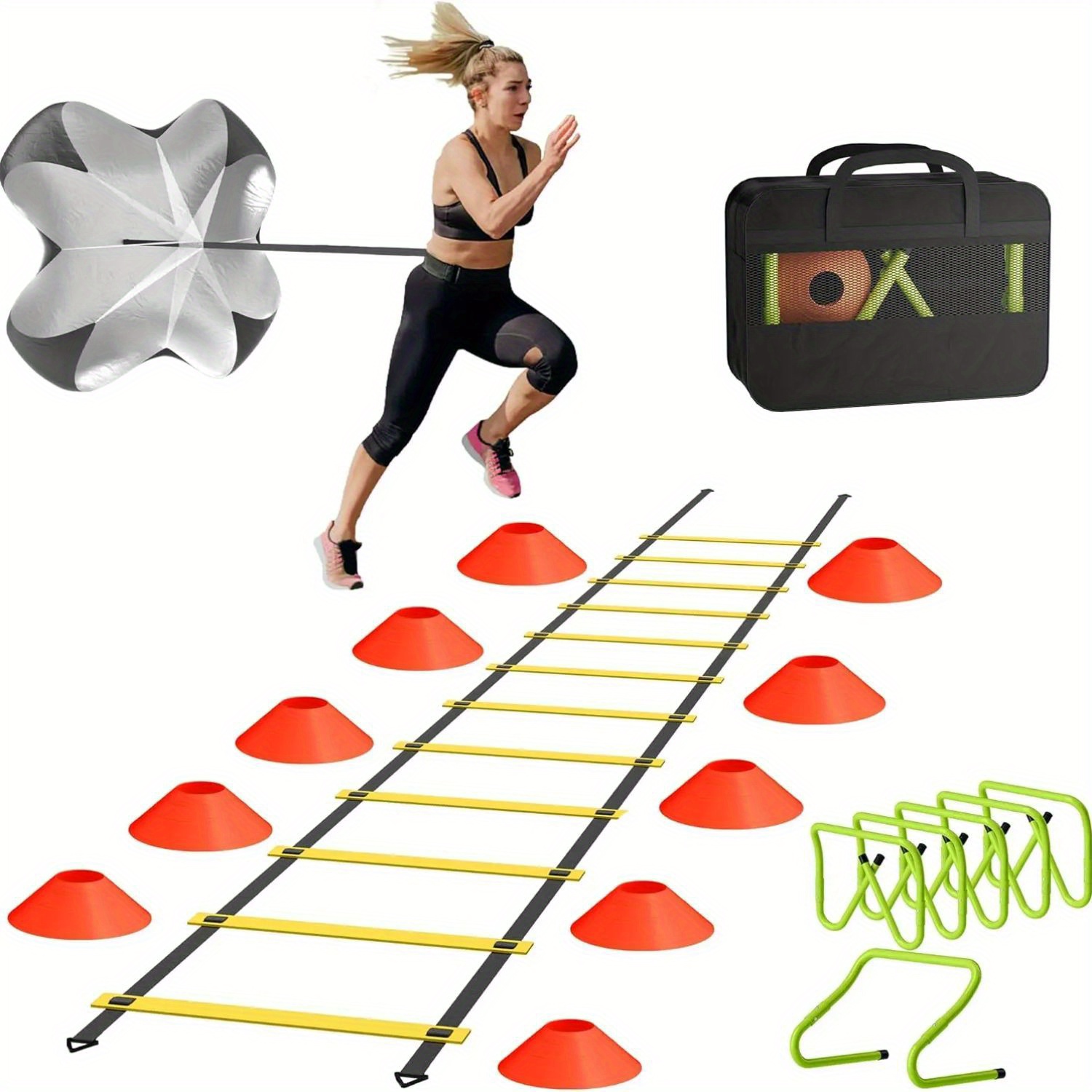 Football Training Set Includes Coordination Ladder, 6 Adjustable Hurdles, 12 Disc Cones, Resistance Parachute And Storage Bag