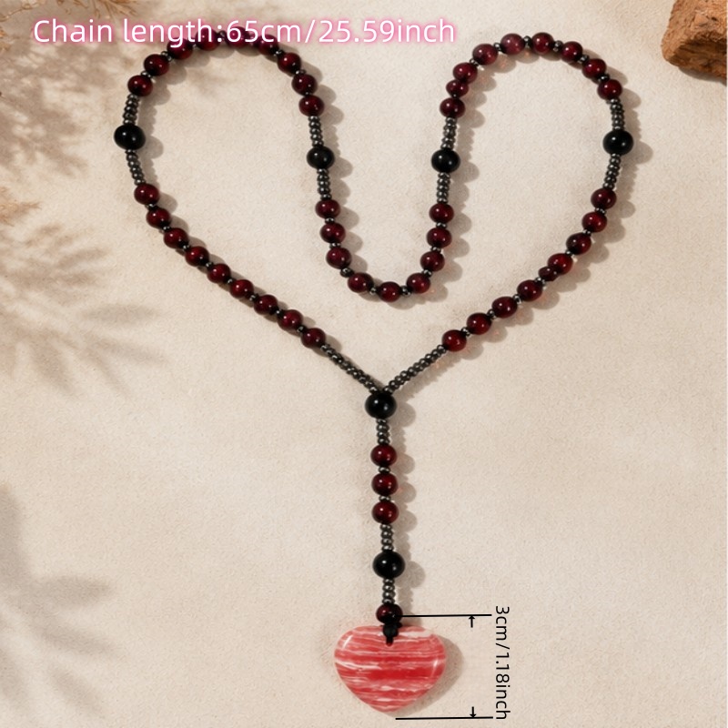 Red Agate Heart Pendant Mala Bead Necklace, Bohemian Style