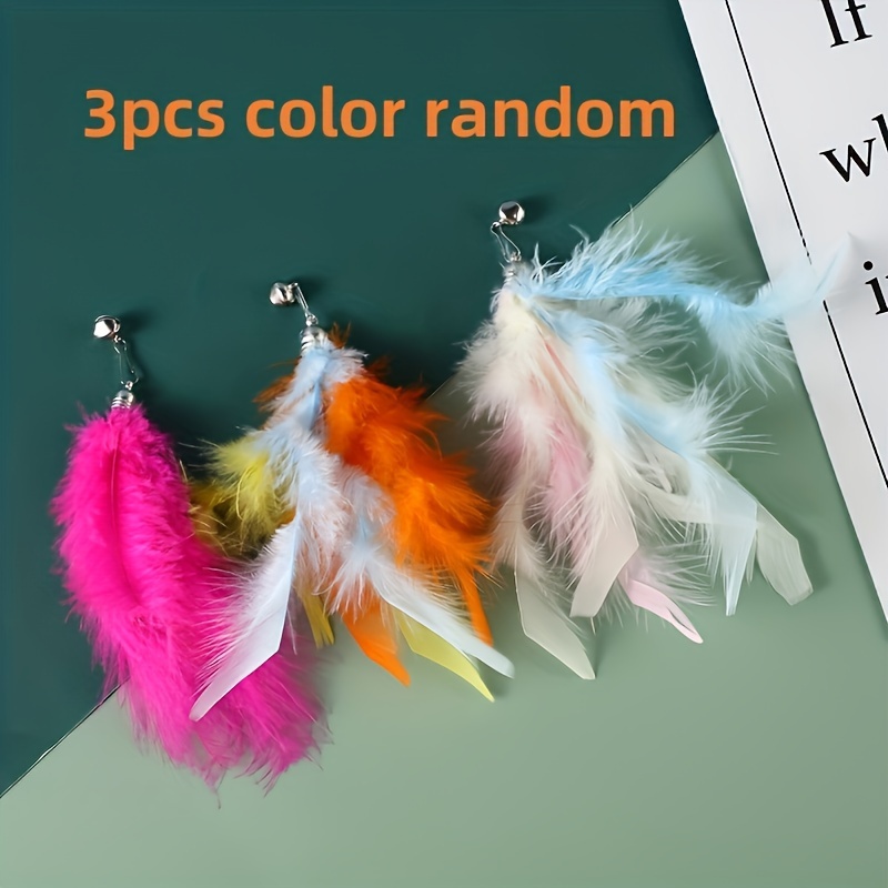 Image of Random Color 3pcs Colorful Artificial Feather Cat Teaser Stick Replacement Heads - Interactive Plush Toys For All Breeds - Fun & Playtime, No Batteries Needed - Perfect Gift For Cat Lovers