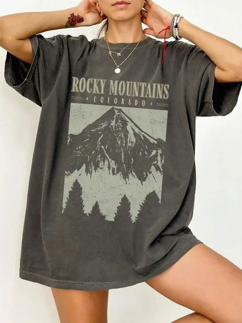 mountain and letter pattern printed t shirt spring and summer round neck short sleeved t shirt pure breathable casual sports top holiday gift w Product details 0