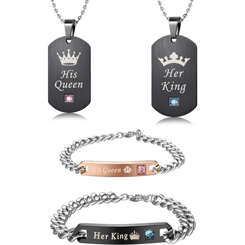 Image of [2pcs Necklace, 2pcs Bracelet] 4pcs Couple Necklace Bracelets Matching Set For Women Men Heart Pendant Necklace His And Hers Bracelets Couple Gift-valentine's Day, Anniversary Gift