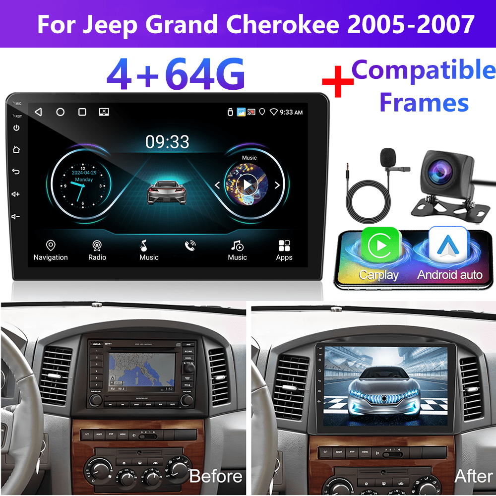 Image of [4+64g] Podofo Car Stereo For Grand Cherokee 2005-2007 Double Din Radio, 10 Inch 1280p Ips Touch Screen Radio Dsp/ Fm/ Rds/ 32eq Wireless Gps Wifi Swc+mic, Ahd Backup Cam