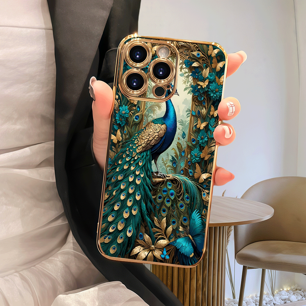 TEMU Phone Case - 2d Flat Vibrant Peacock Pattern Electroplated Phone Case, Lightweight And High-quality, Suitable For Iphone 17, 16, 15, 14, 13, 12,