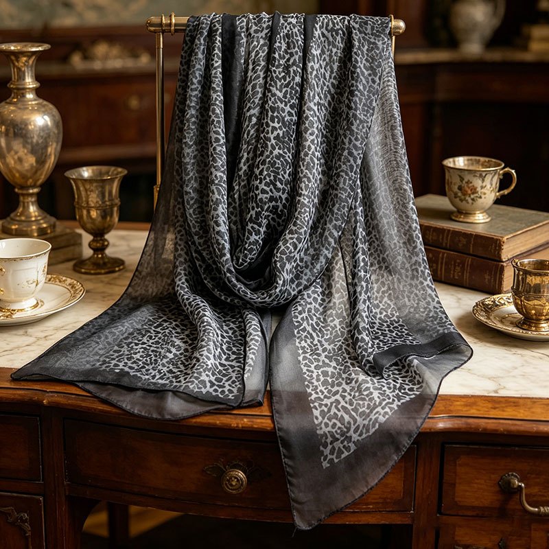 TEMU 1 écharpe 100% soie, noire avec imprimé léopard dispersé, 62.99 X 19.69 pouces. Style japonais et coréen, foulard de style européen, convient à