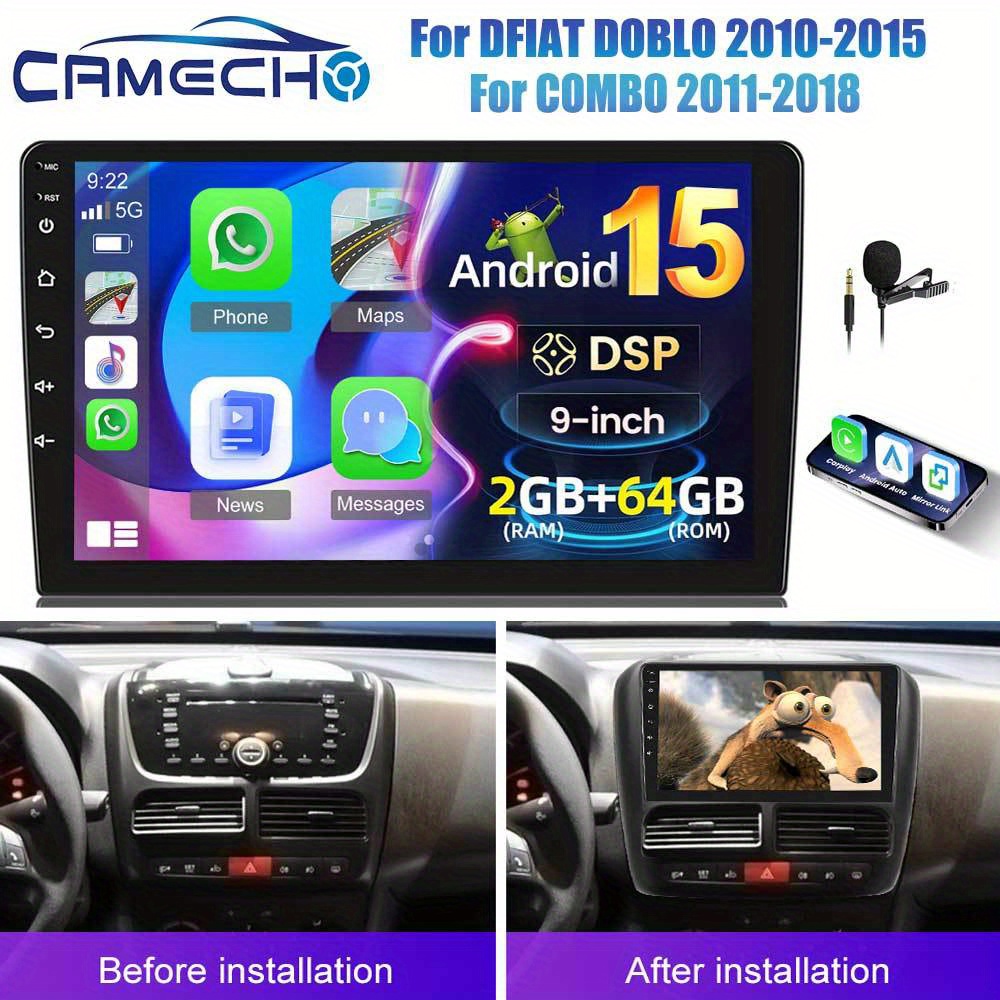 CAMECHO DSP Radio za FIAT 2010-2015/ COMBO 2011-2018 z Brezžičnim Carplay, Auto, , [2G+64G] 9-palčni HD IPS Zaslon na Dotik, Vgrajen GPS, B/T