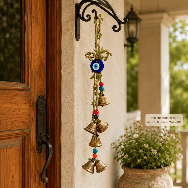 TEMU 45cm/17.7in Evil Eye Hanging Bells, Good Luck Protection Door Decor With Jute Rope, Colorful Wooden Beads And Rustic Metal Bells For Garden,