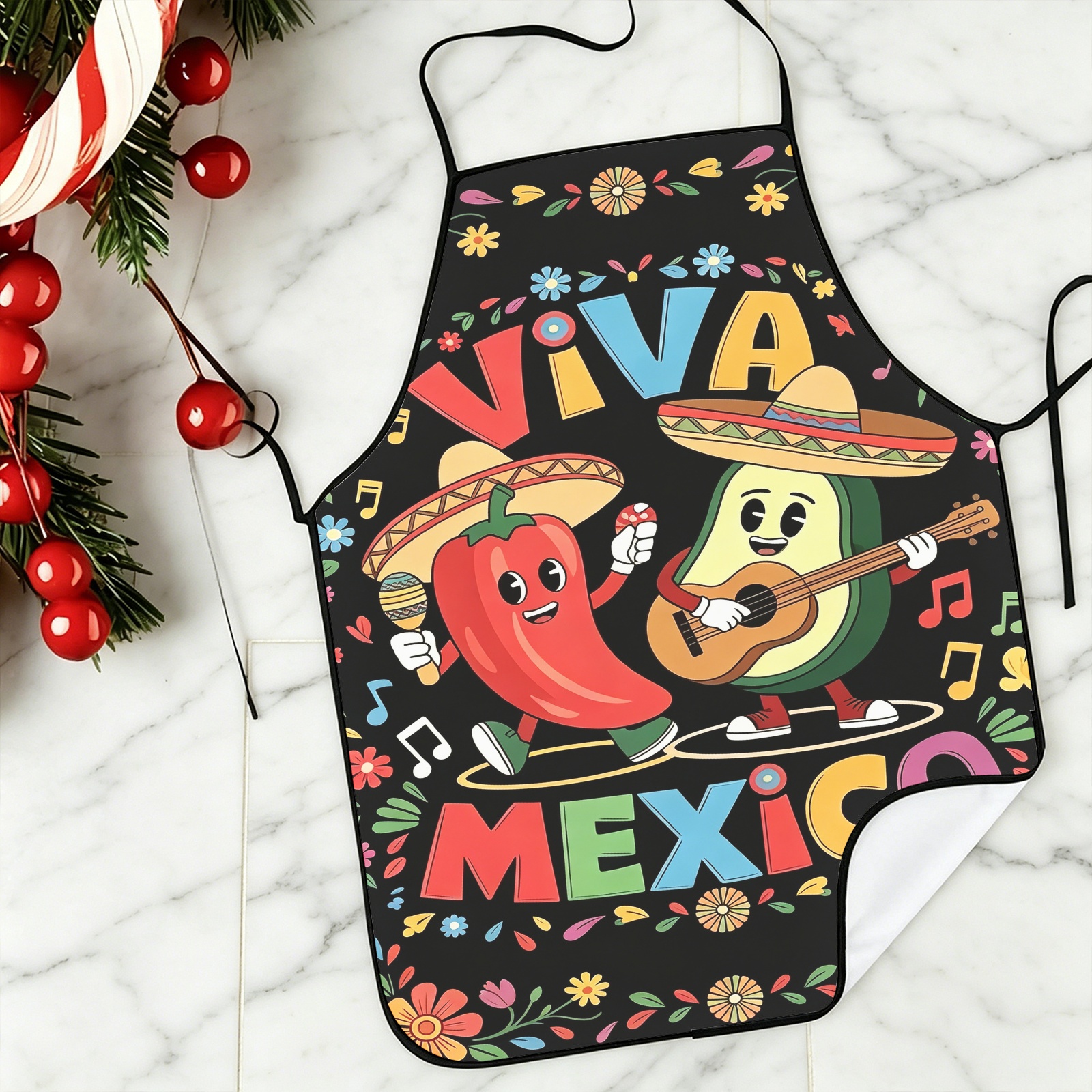 품목 사진 1개 귀여운 블랙 베이스 페퍼   만화 viva mexico 프린트 앞치마 | 가정 주방 레스토랑 앞치마 | 멕시코 독립 기념일 귀여운 선물