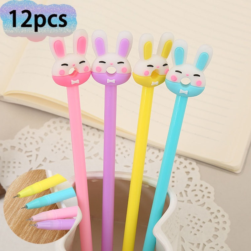 TEMU 12pcs Donut Rabbit Design Creative Cartoon Needle Black Gel Pen Cartoon School Supplies Kawaii Pen School Office Signature Pen Random