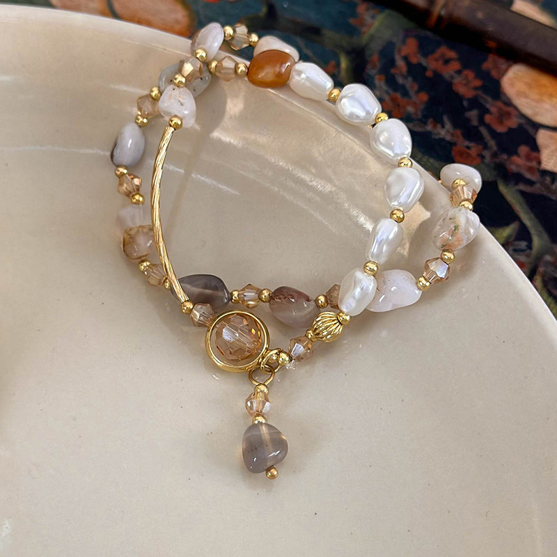 Women'S Double Layer Stacked Imitation Natural Stone Pearl Beaded Bracelet, Unique Design, Elegant Vintage Light Luxury Jewelry, Fashionable Accessory