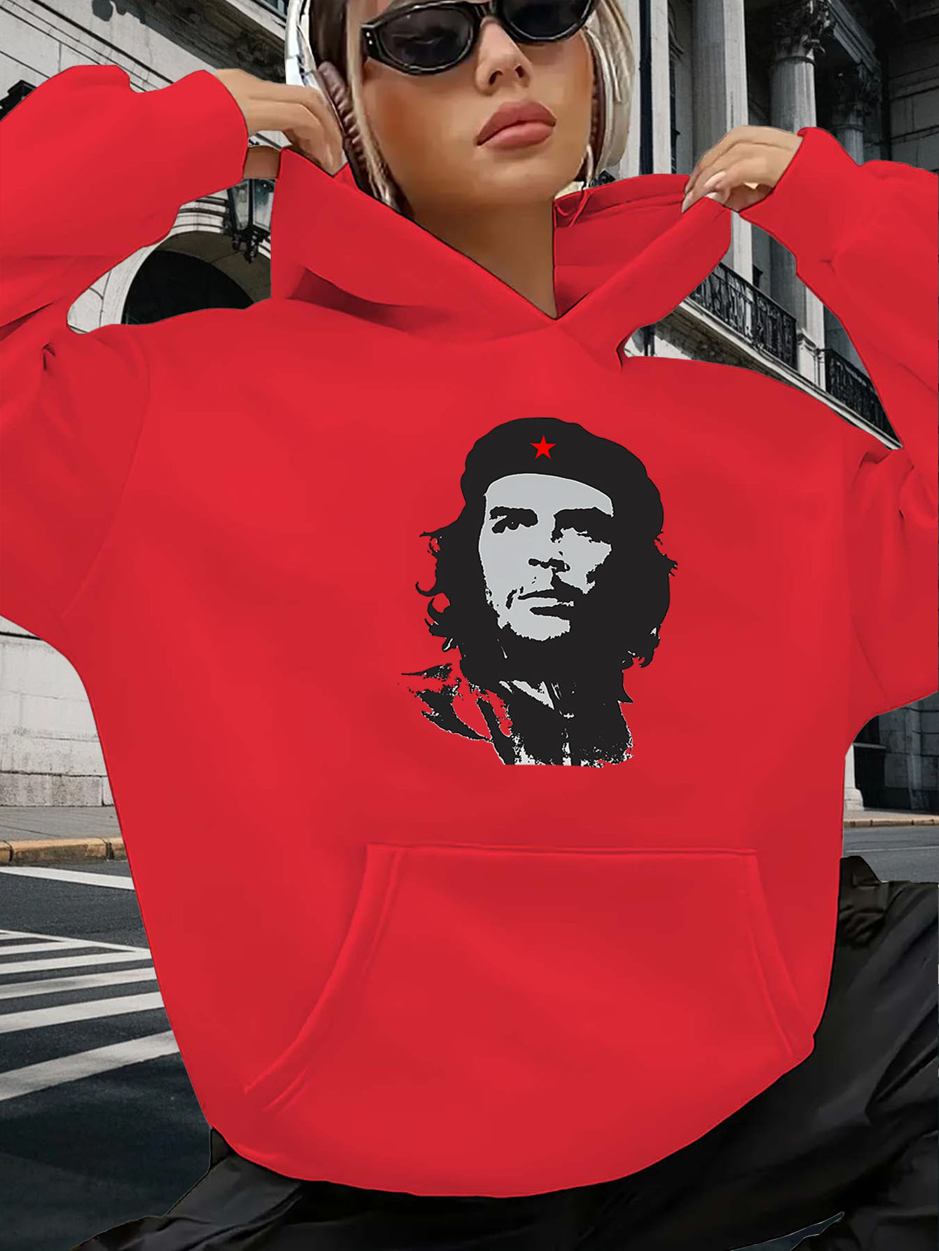 Red Women's Hooded Sweatshirt with Che Guevara Print
