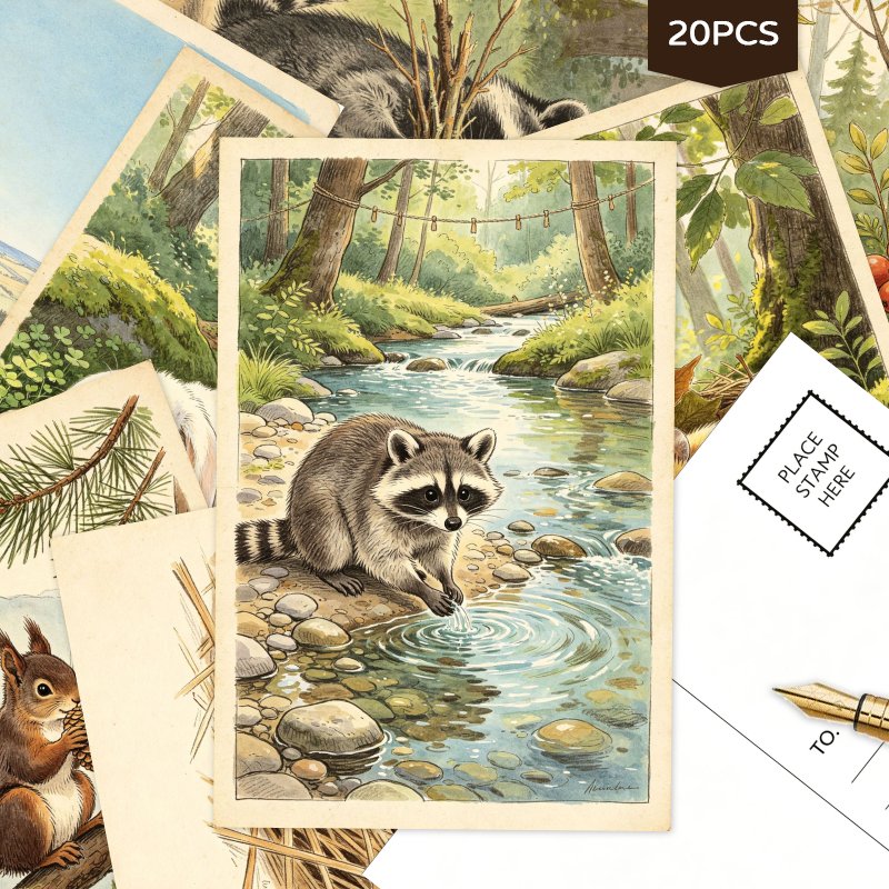 TEMU 20pcs Vintage Animal Blank Art Postcards, Mixed Nature Forest Postcard Set Of 20, Watercolor Woodland Raccoon Squirrel Scenery Thank You For