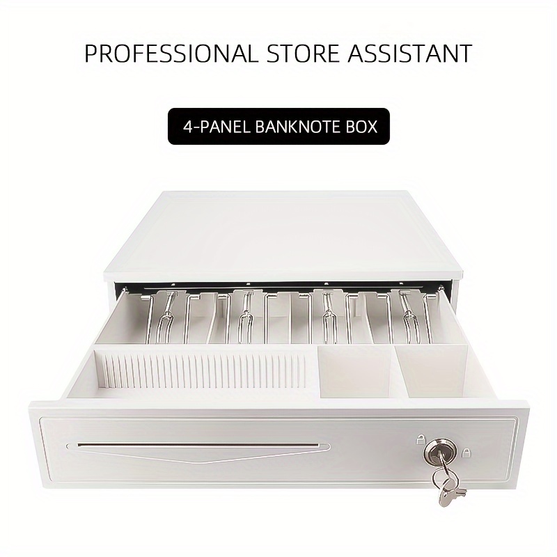 Tiroir à billets blanc à quatre compartiments en acier galvanisé ; peut être connecté à une imprimante de reçus et à un caisse enregistreuse