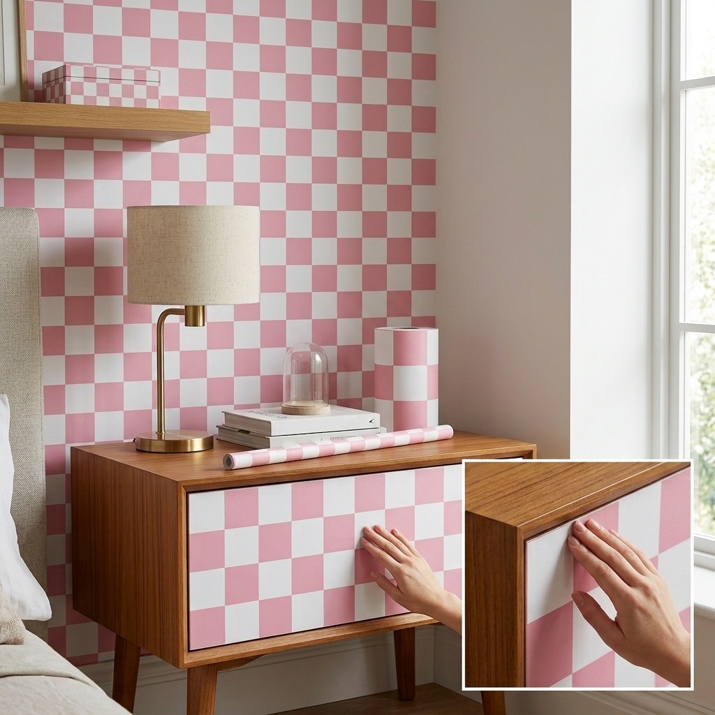 TEMU 1 Roll Pink White Checkered Self-adhesive Removable Vinyl Wallpaper, Self-adhesive Wallpaper, Princess Room Wall, Bedroom Headboard Background