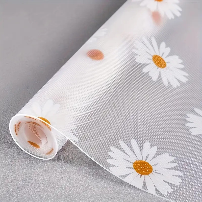 TEMU 2 Rolls Of Daisy Patterned Non Slip Cabinet Mat- Heavy-duty Pvc Drawer, Refrigerator, And Tabletop Mat With White Daisy And , Easy To Clean Non