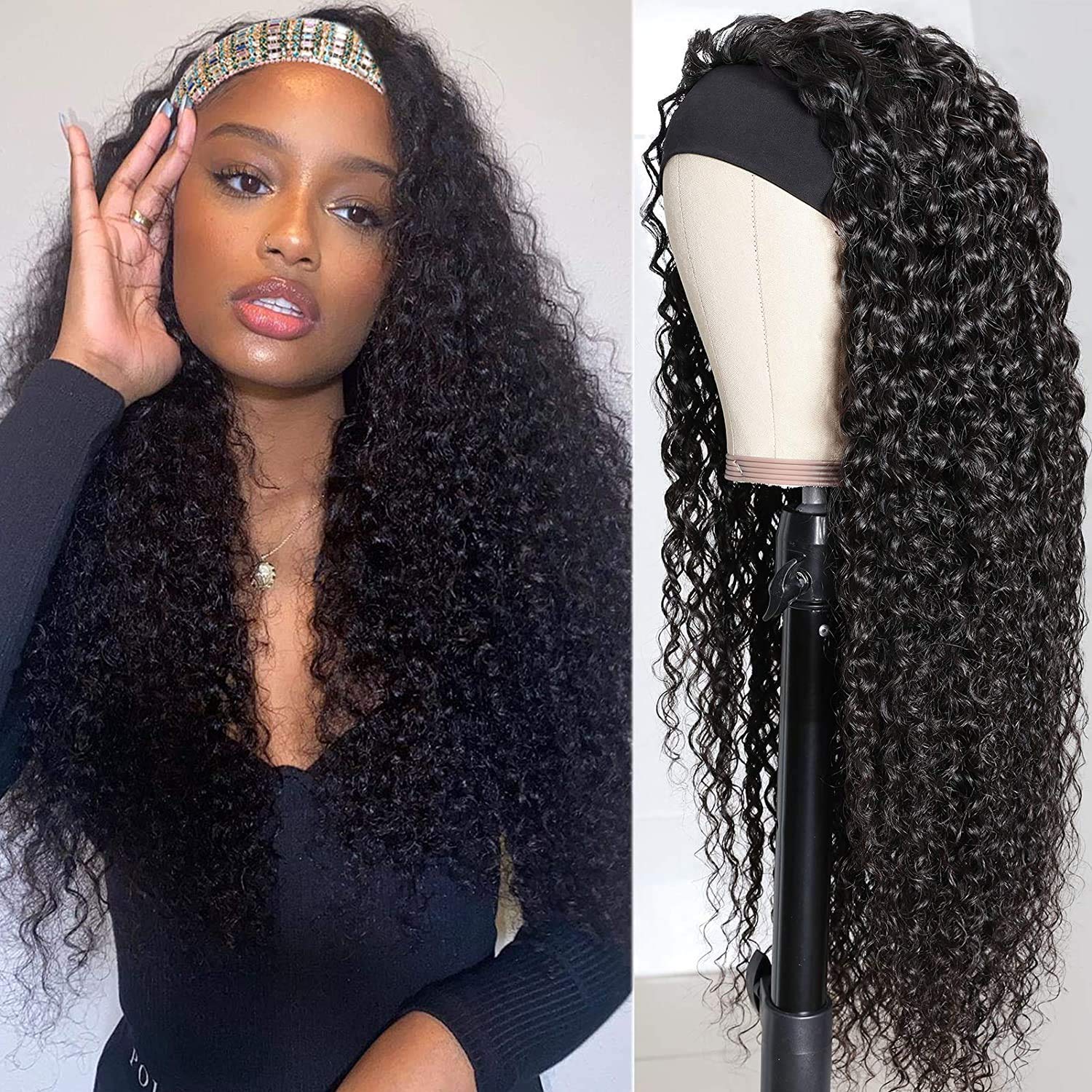 Glueless Headband Wig Human Hair No Lace Front Needed, 250% Density Wig With Natural Black Color, Half Wig For, Easy To Style & , Comfortable Everyday & Special Occasion Hairstyle