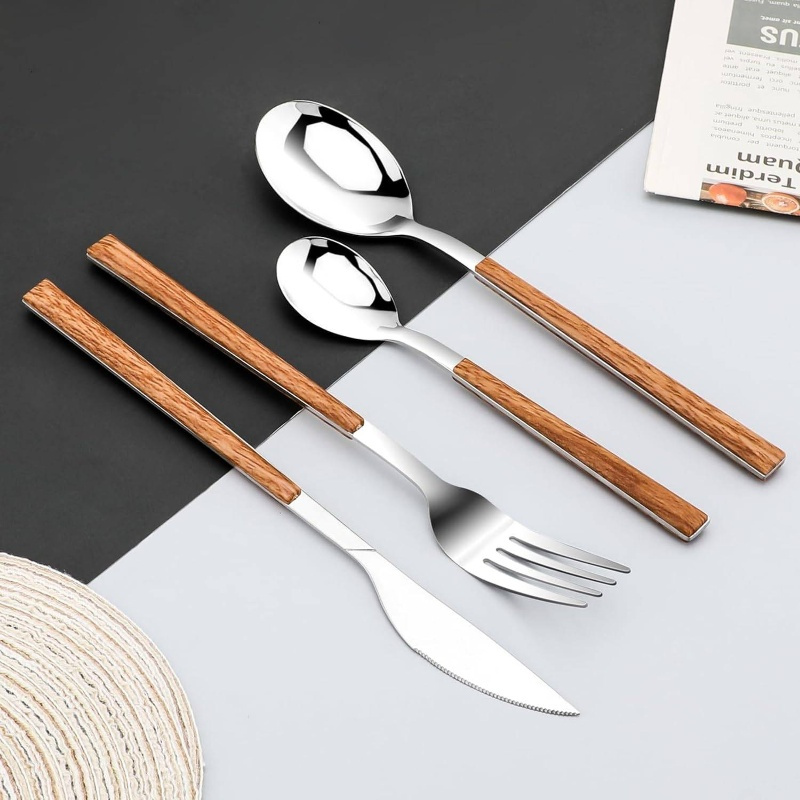 stainless steel flatware set 4 cutlery utensils set with simulated wooden handle   knives forks spoons service 4   polished and dishwasher safe silvery stainless steel cutlery set cutlery set stainless steel cutlery portable cutlery set stainless steel cutlery kitchen utensils home dining stylish utensils     steel rustresistant flatware collection knife   set restaurant supplies home cooks Product details 2