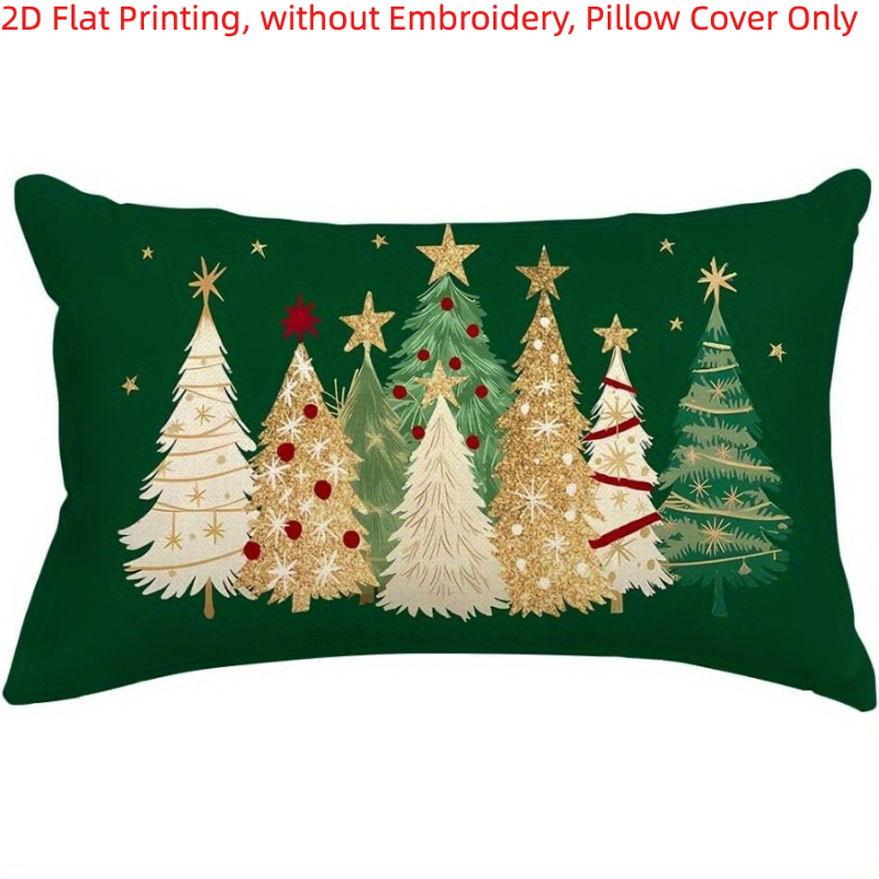 TEMU 2d Flat - 1pc, 2d Flat Printing, Vintage Watercolor Christmas Tree Pillow Covers, Festive Green With Stars And Stripes, Single-sided Printing,