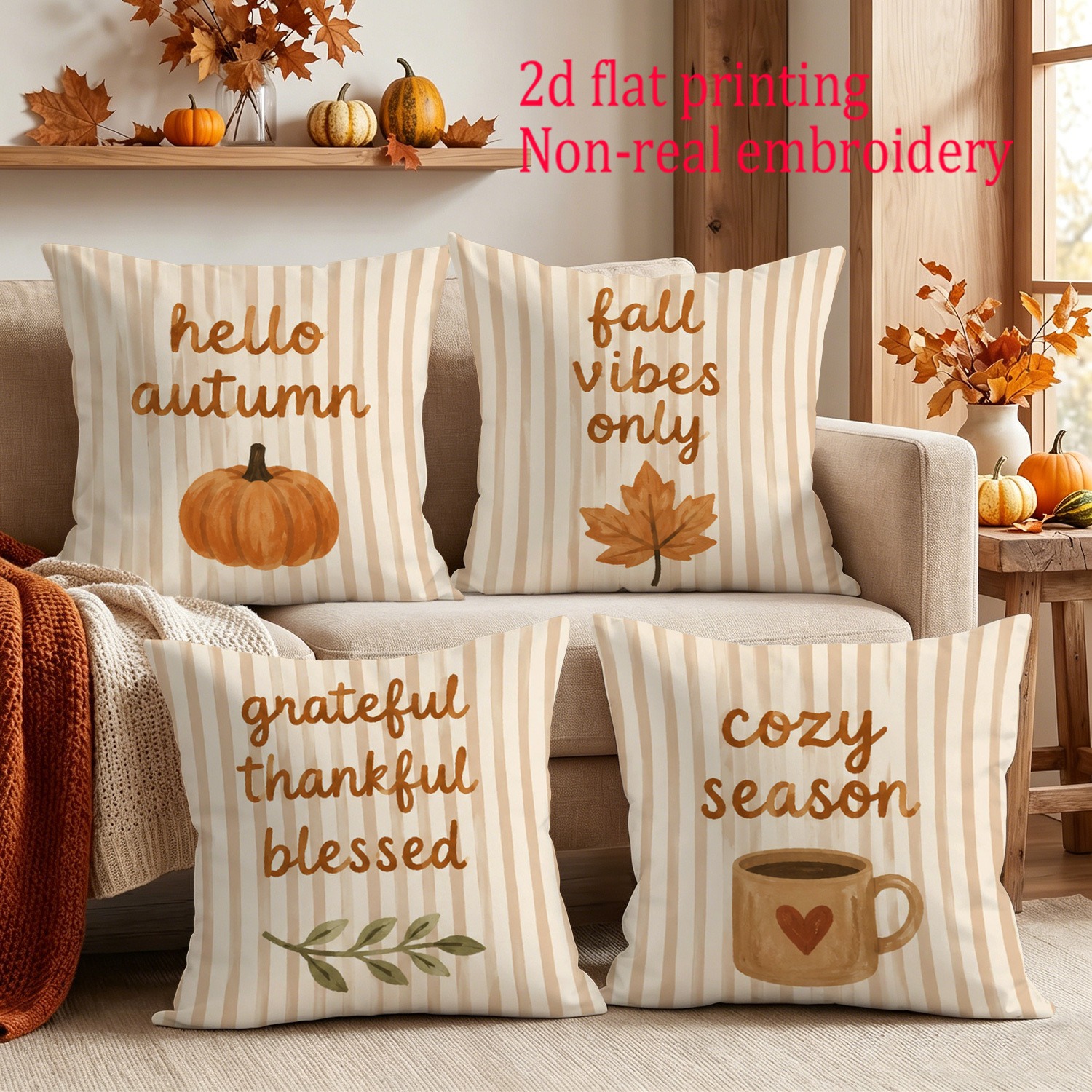 TEMU 4pcs Set Autumn Striped Pumpkin Maple Leaf Pillowcases, Cozy Thanksgiving Living Room Sofa Pillow Covers, Single-sided Square Polyester