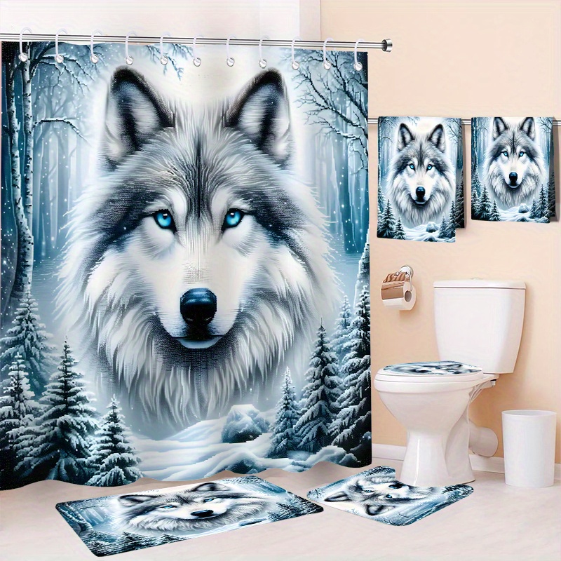 

Wolf Themed Bathroom Set With Waterproof Polyester Curtain, Non-slip Mats, Bath & Hand Towels, Hooks Included - Woven Fabric, , Animal For Home Decor (1pc/2pcs/4pcs/6pcs Options)