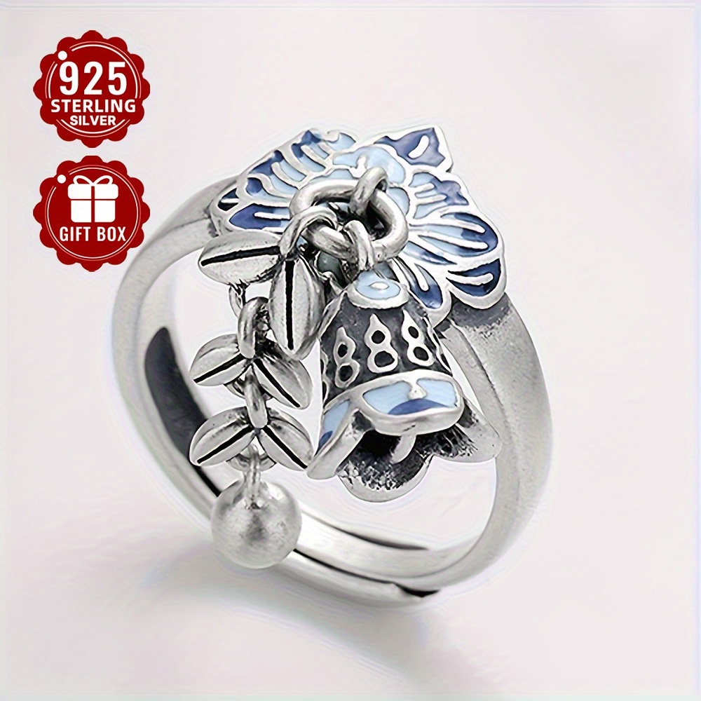 S925 Open Ring Epoxy Wheat Sheaf Flower Tassel Bell Retro Women's Ring