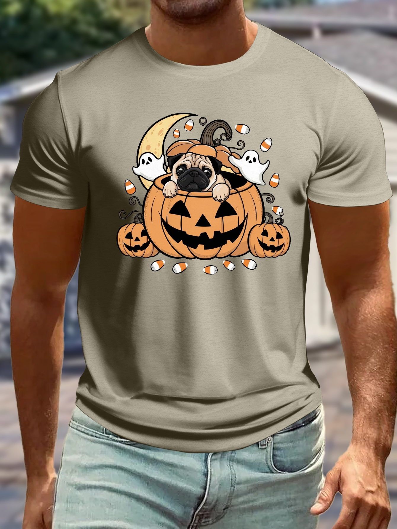 plus size mens halloween pug in jack o lantern graphic t shirt casual short sleeve polyester tee regular fit round neck stretch fabric summer top for daily life big tall sizes khaki 0