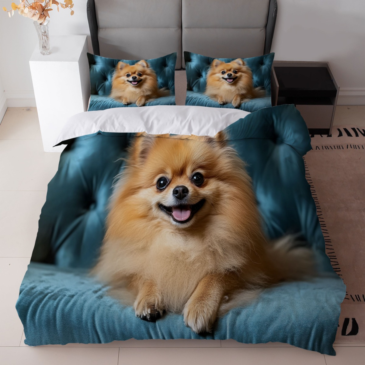 TEMU 3pcs Cute Pomeranian Dog Print Bedding Set In Teal Color (1duvet Cover   2pillowcase, Without Core) - Comfortable For Adults And Guests In