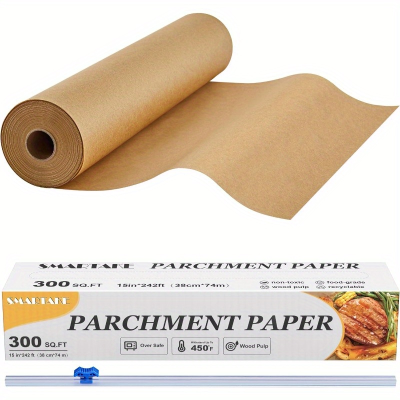 parchment paper roll for baking 15  242ft 300 sq. ft nonstick baking paper sheets with slide cutter heavy duty extra long for kitchen baking cooking grilling steaming unbleached, kitchen baking essential, baking sheet liner, unbleached parchment sheets, heavy duty parchment, tear-resistant sheets, food-grade coating, meal prep  , professional Product details 0