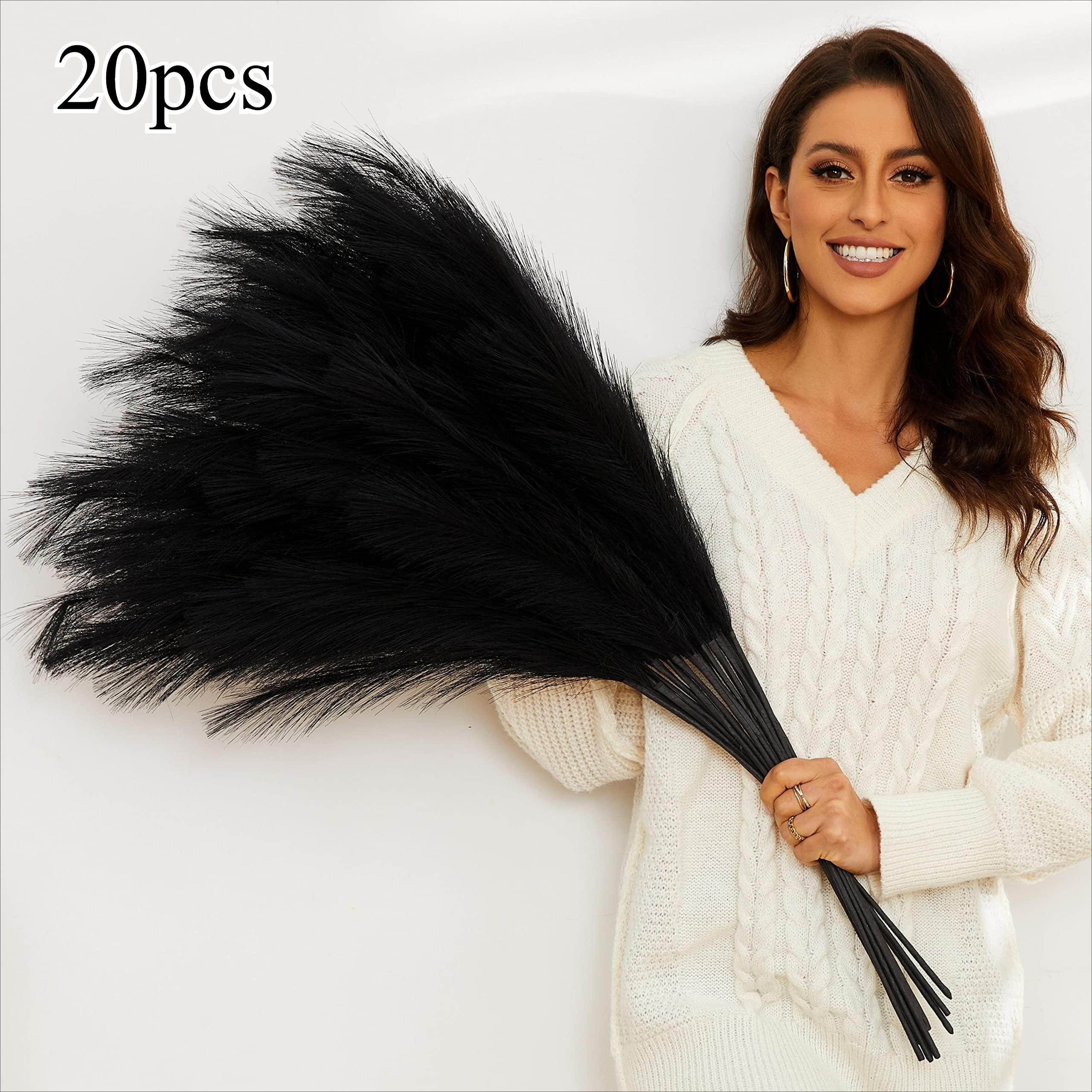 TEMU 20pcs - Black Artificial Pampas Grass Decorations, Large Fluffy And Style, Artificial Reed Grass, Floor Vase Filler, Suitable For Gothic Rooms,