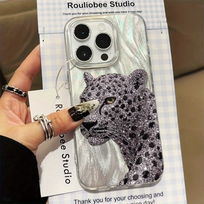 TEMU Phone Case - 1pc Diamond Leopard Trendy Pattern Full Coverage Large Hole Gauze Imd Phone Case Suitable For Iphone 18 17 16 16e 15 14 13 12 11 Xs