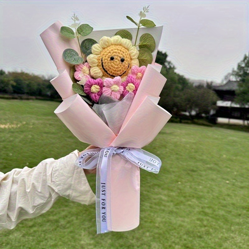 TEMU 1pc Handmade Crocheted Sunflower Bouquet | 4 Styles Artificial Flowers With Green Leaves, Ideal For Valentine's Day, Spring Festivals, Plastic ,