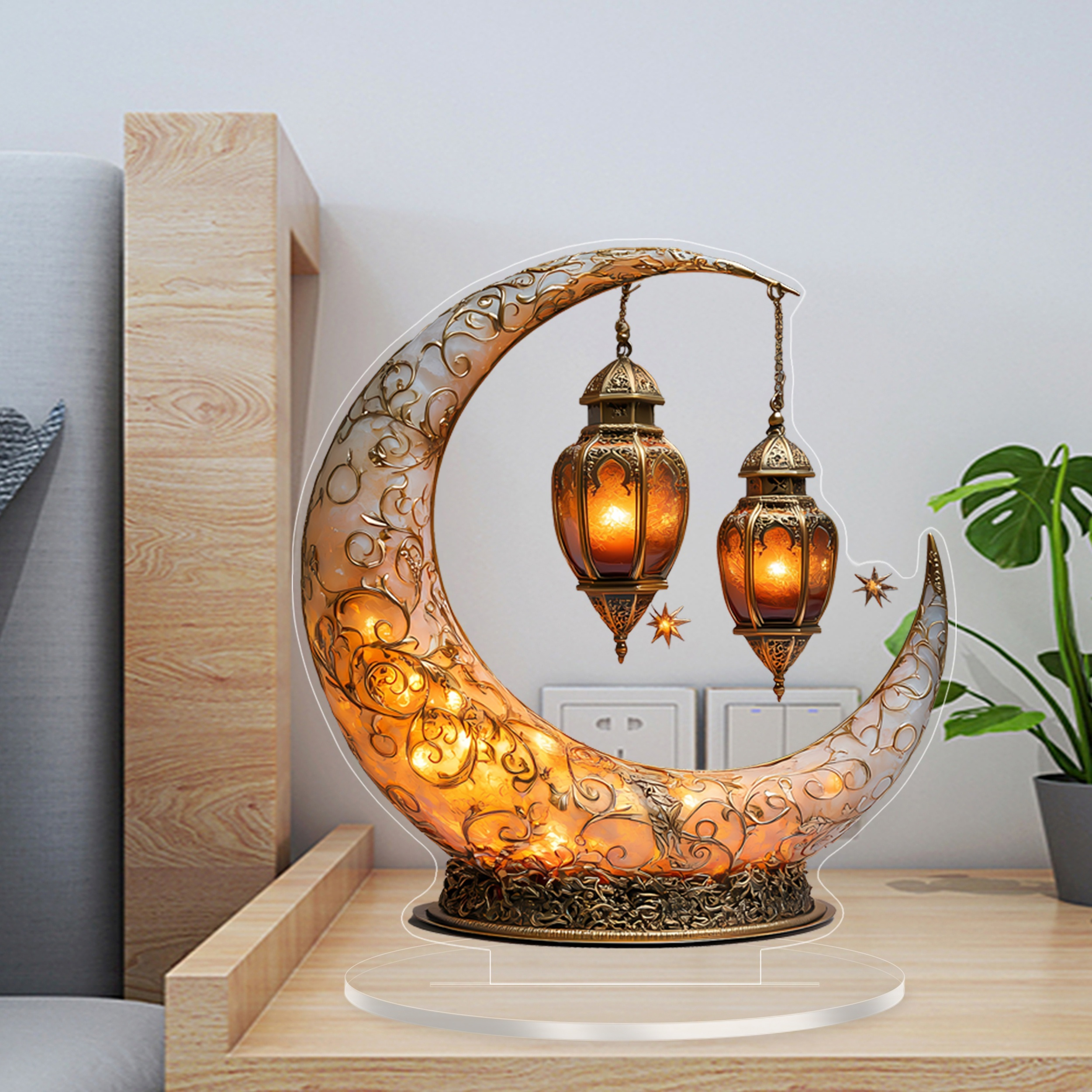 

2d Flat 1pc Art Deco Acrylic Ramadan Moon Lights, Theme Tabletop Decor, No Electricity Daylight , Multipurpose Family & Office Holiday Decoration, Ideal Gift