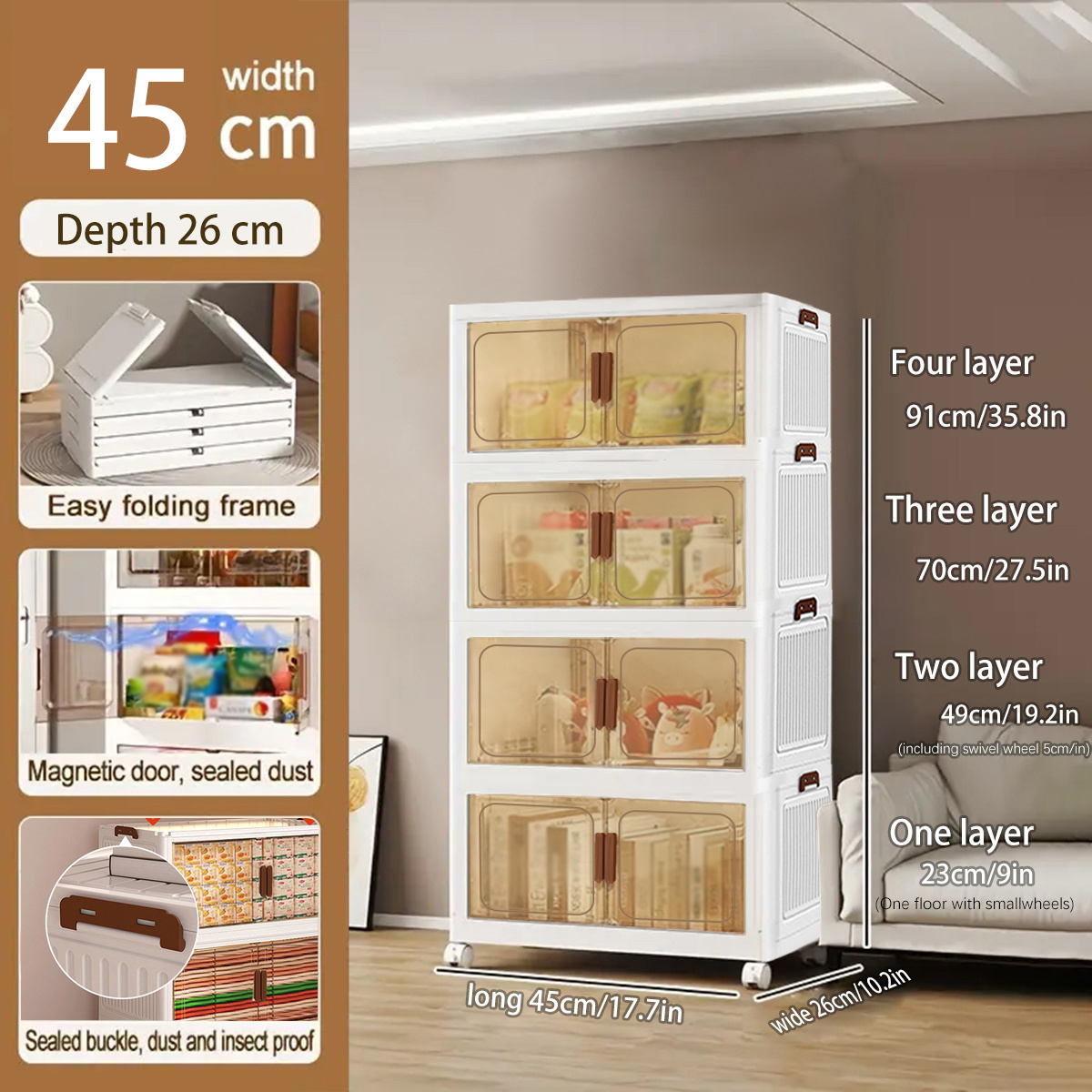 45cm Storage Box, Stackable Storage Box With Wheels, Multi-functional Folding Cabinet, Storage Box With Door And Storage Box, Suitable For Home And Office Storage And Organization Products.