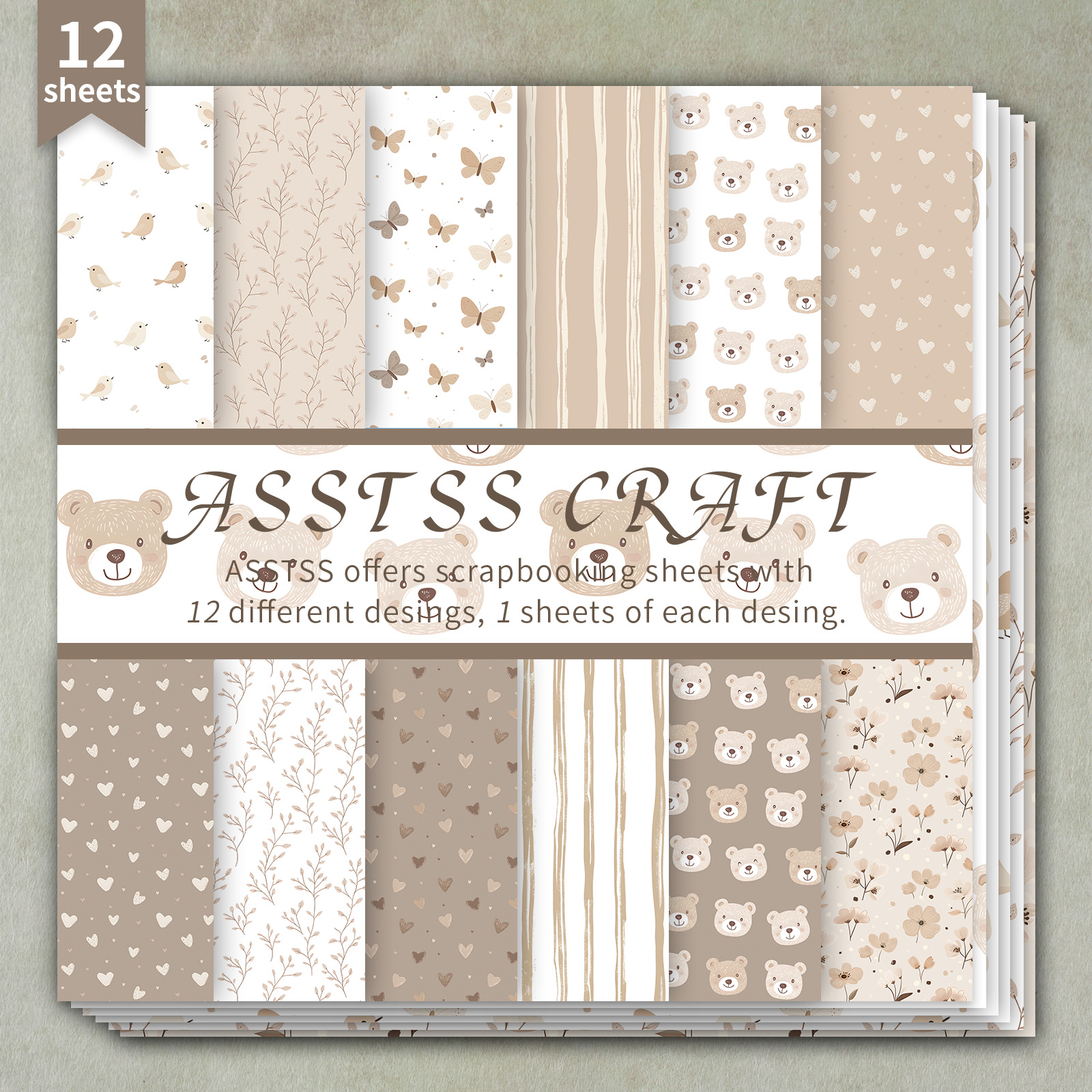 Image of 12-sheet Asstss 6*6-inch Scrapbooking Paper Pad, Warm Beige Cute Animal Backing Paper Supplies, Heavyweight Cardstock For Journaling, Collage Art, Greeting Cards, & Crafts, 6"x6" Pack