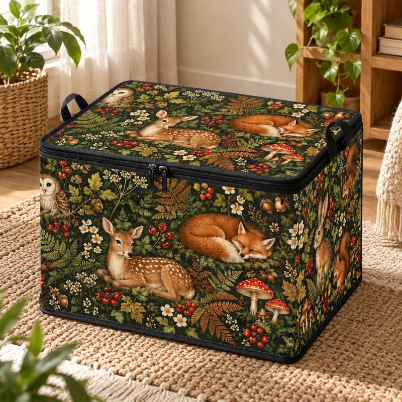 TEMU 1pc - Forest Cat Owl Fox Deer Rabbit Mushroom Berry Pattern Under-bed Storage Box | Bedroom Bedside Clothing Organizer | Bedding And Blanket