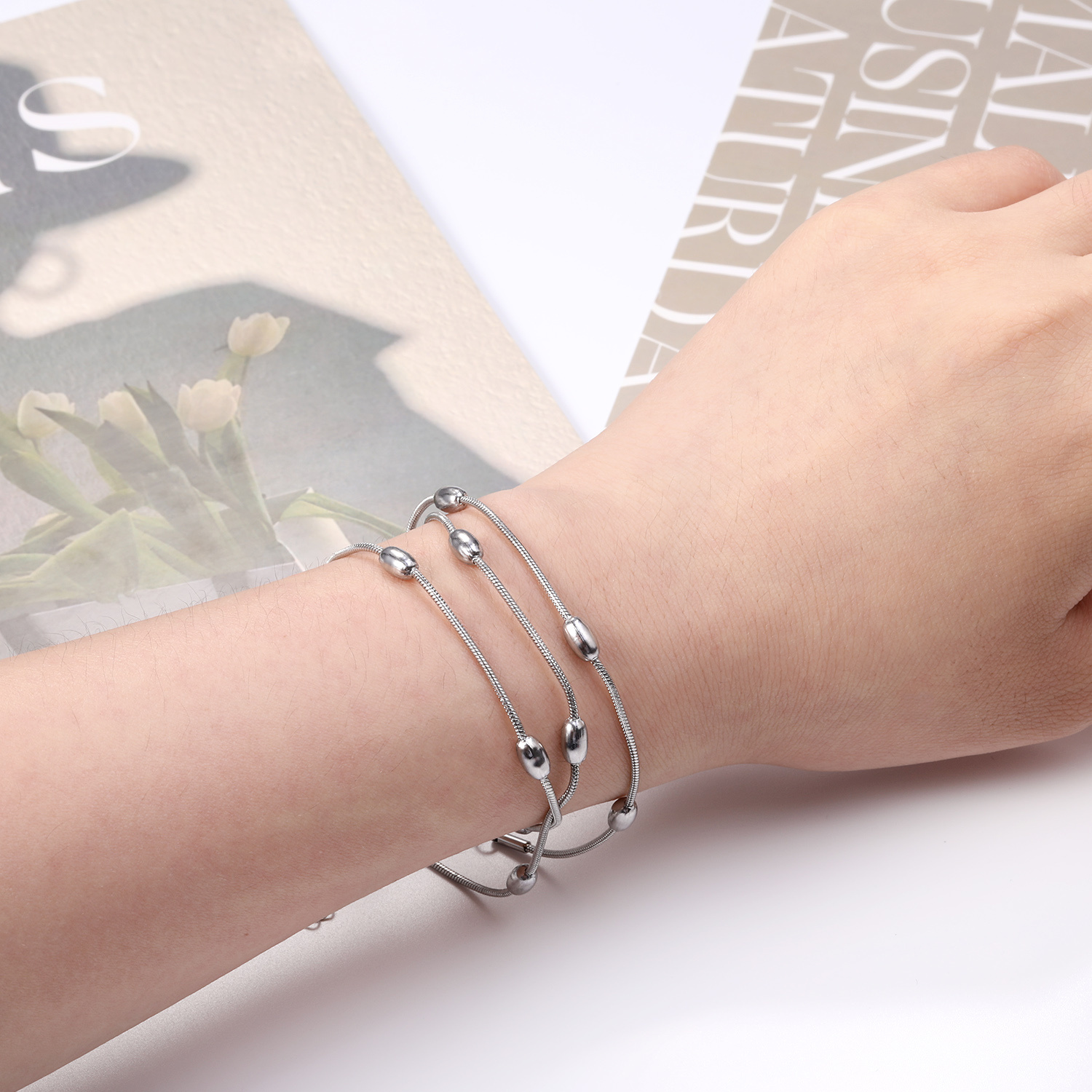 2pcs Stainless Steel Stackable Necklace Bracelet Set for Wedding Party Gift