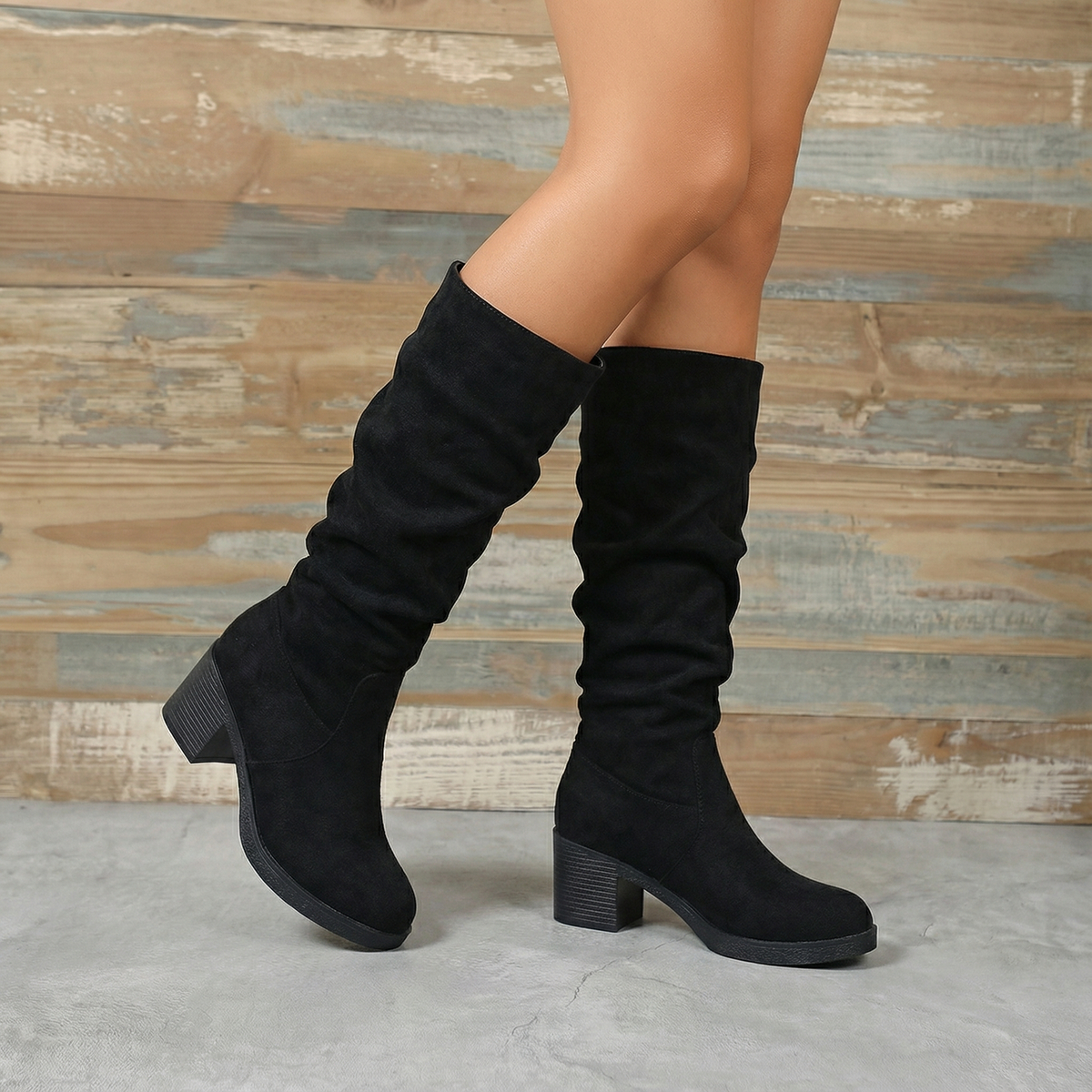 TEMU Elegant Commuter Style Chunky Heel Winter Workplace Fashion Pleated Stack Design Women's Knee-high Boots, Versatile New Style For Meetings With