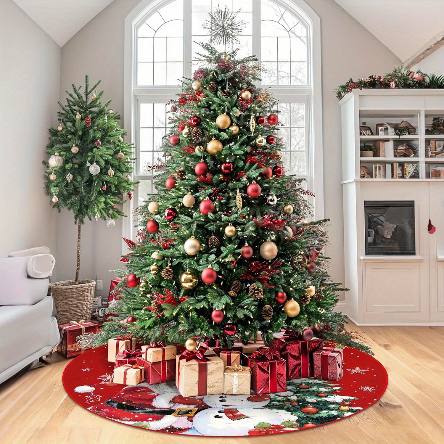 TEMU Red Plush Snowman Christmas Tree Skirt, Cute Santa Claus And Snowman Design, Soft Polyester Plush, Farmhouse Christmas Tree Skirt Christmas Tree